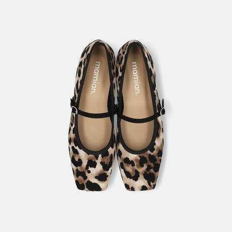 予約：2025AW：スクエアトゥ メリージェーン フラット（m10310）レオパード/mamian（マミアン）